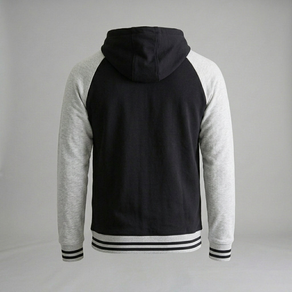 Men’s Black & Grey Hooded Varsity Jacket – Classic Letterman Bomber