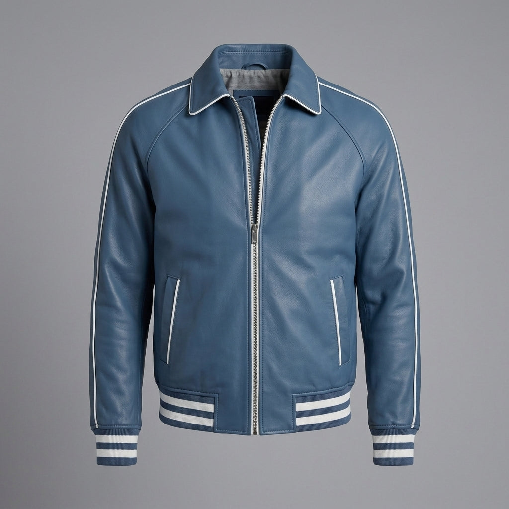 Handmade Blue Sheepskin Leather Varsity Jacket – 90s Retro Letterman