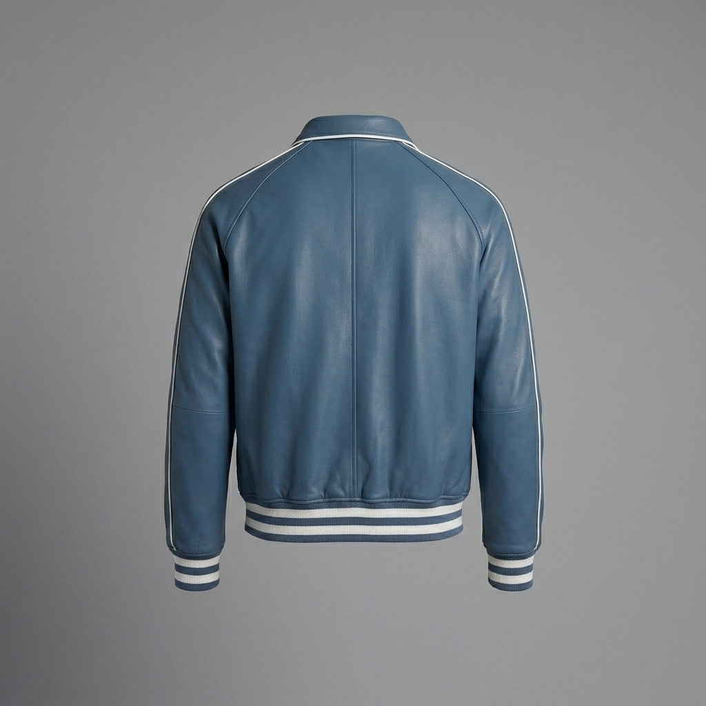 Handmade Blue Sheepskin Leather Varsity Jacket – 90s Retro Letterman
