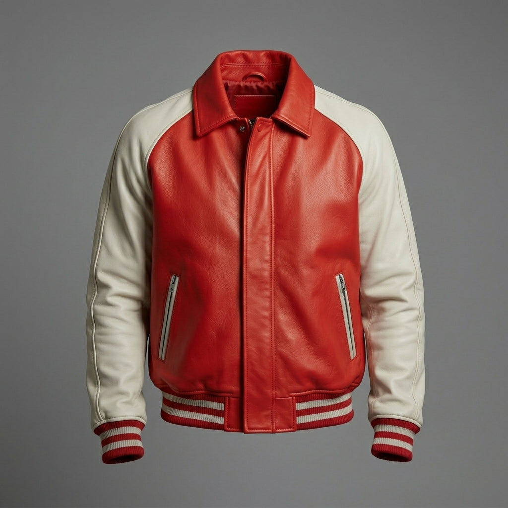Luxury Red & Cream Lambskin Leather Varsity Jacket – College Letterman
