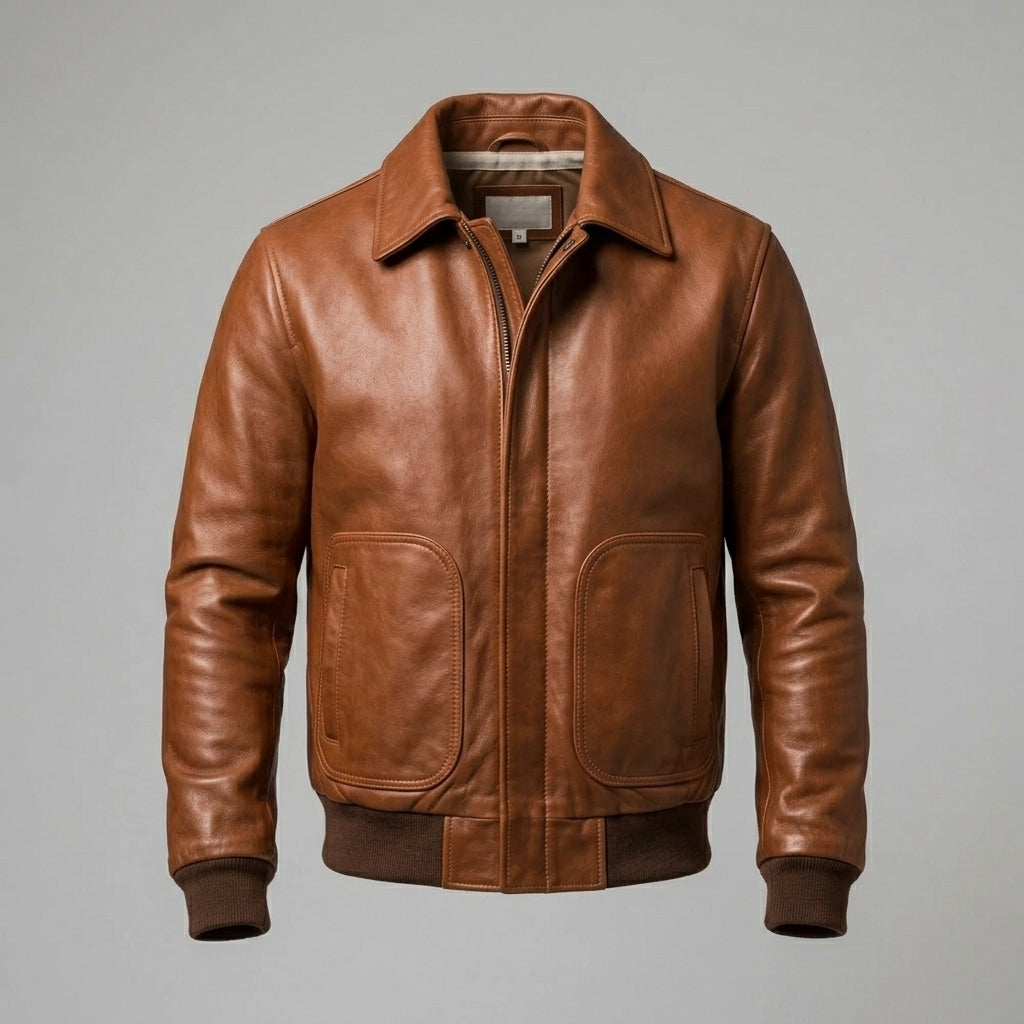 Men’s Brown Leather Bomber Jacket – Genuine Zip-Up Leather Jacket