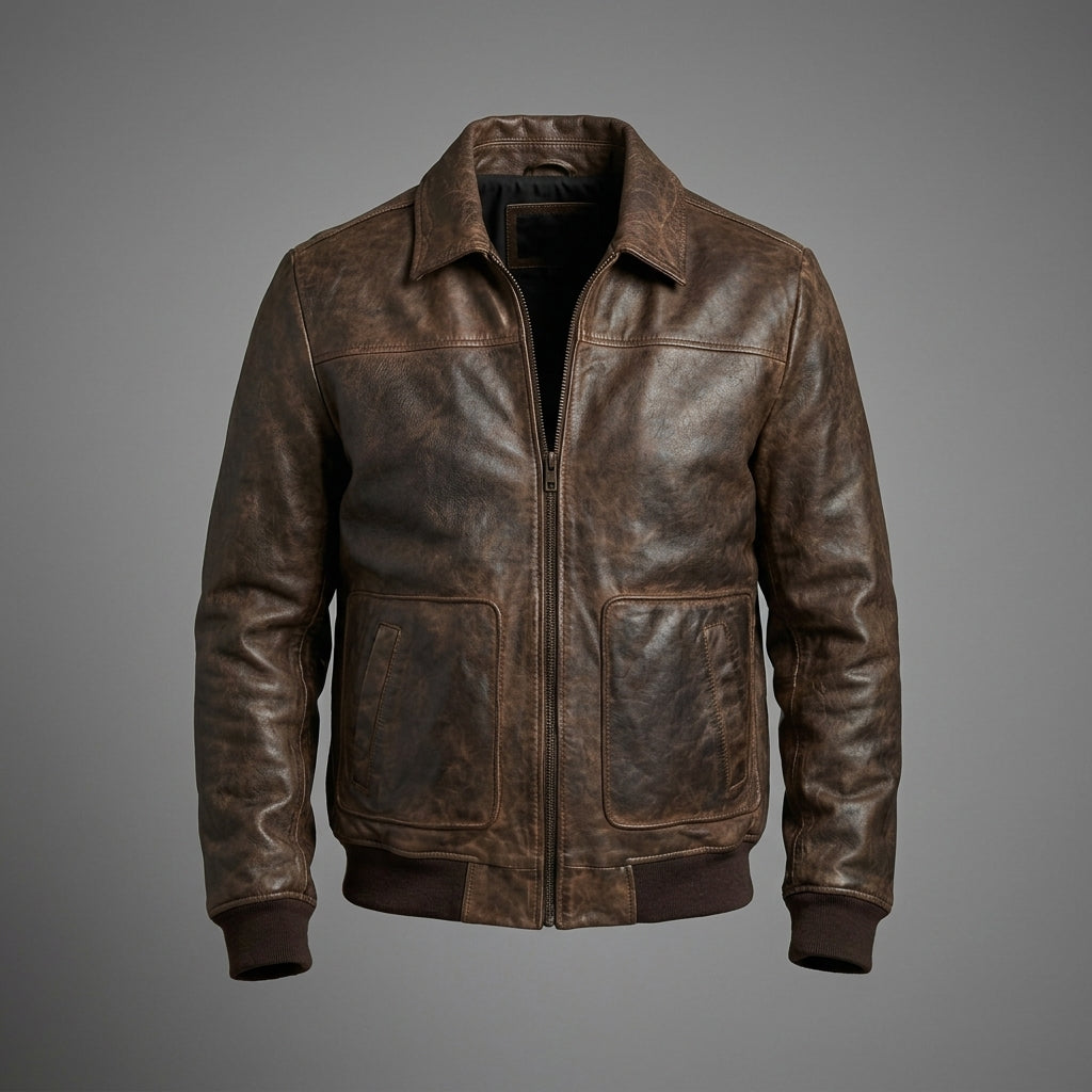 Men’s Brown Sheepskin Leather Bomber Jacket – Vintage Distressed Wax Finish