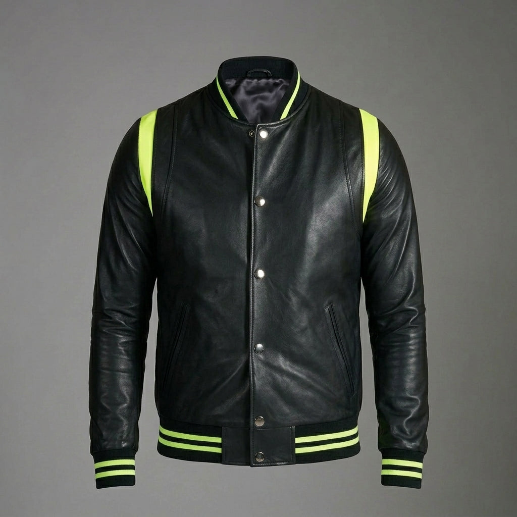 Men’s Black Sheepskin Leather Varsity Jacket – Genuine Letterman Bomber
