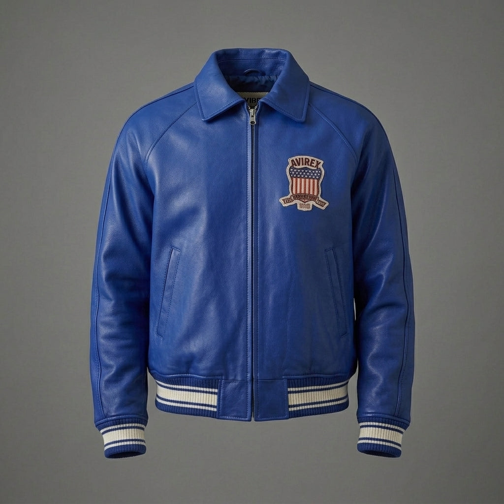 Men’s Blue Lambskin Leather Varsity Jacket – Ribbed Trim Bomber jacket