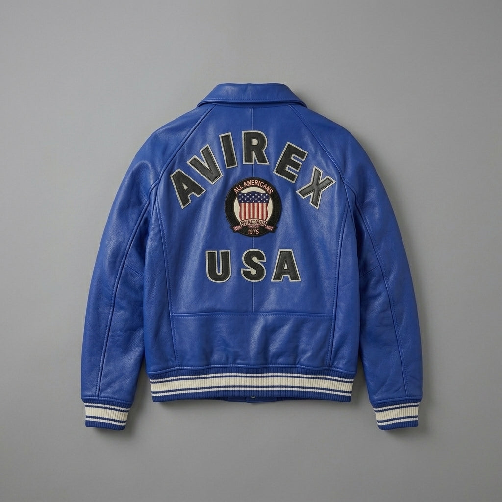 Men’s Blue Lambskin Leather Varsity Jacket – Ribbed Trim Bomber jacket
