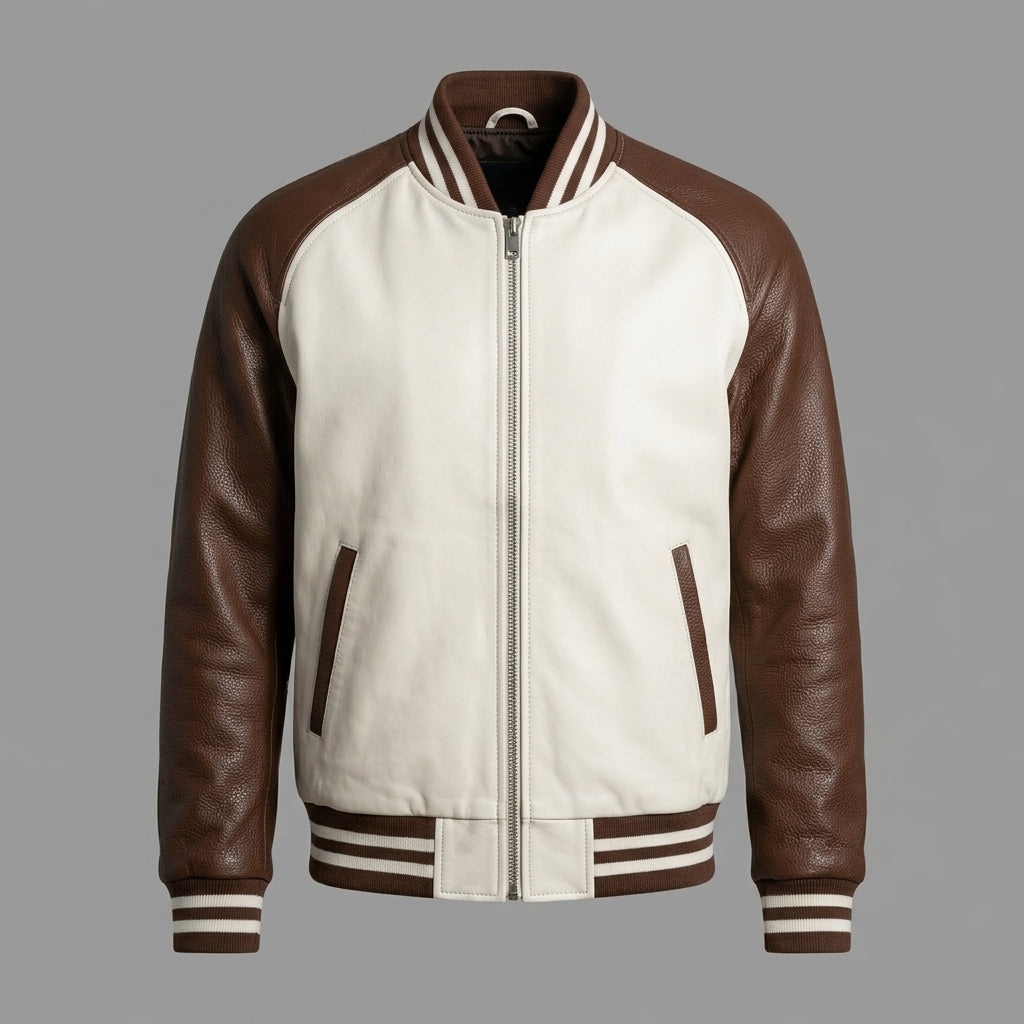 Men’s Brown & White Leather Varsity Jacket – Genuine Zipper Letterman