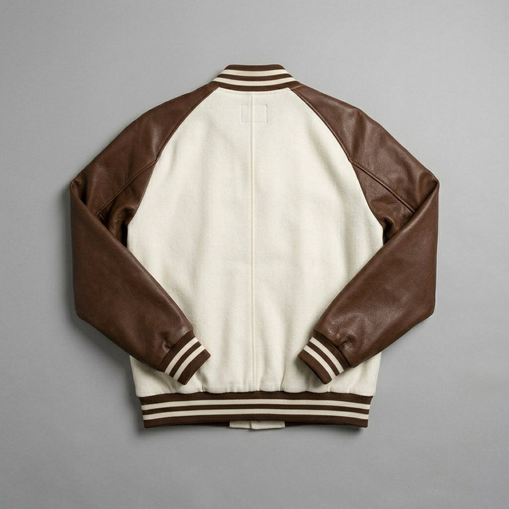 Men’s Brown & White Leather Varsity Jacket – Genuine Zipper Letterman
