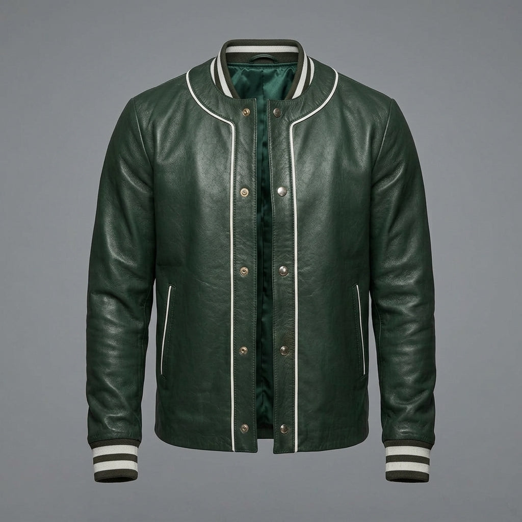 Men’s Green Sheepskin Leather Varsity Jacket – Sporty Button-Down Letterman