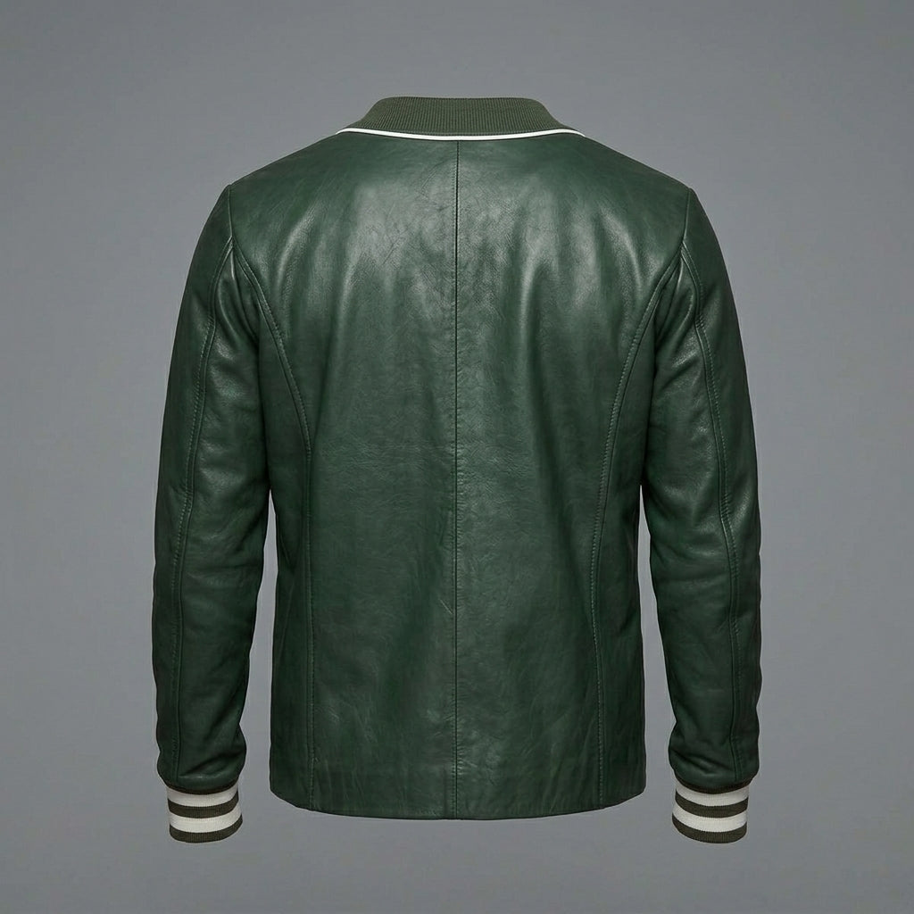 Men’s Green Sheepskin Leather Varsity Jacket – Sporty Button-Down Letterman