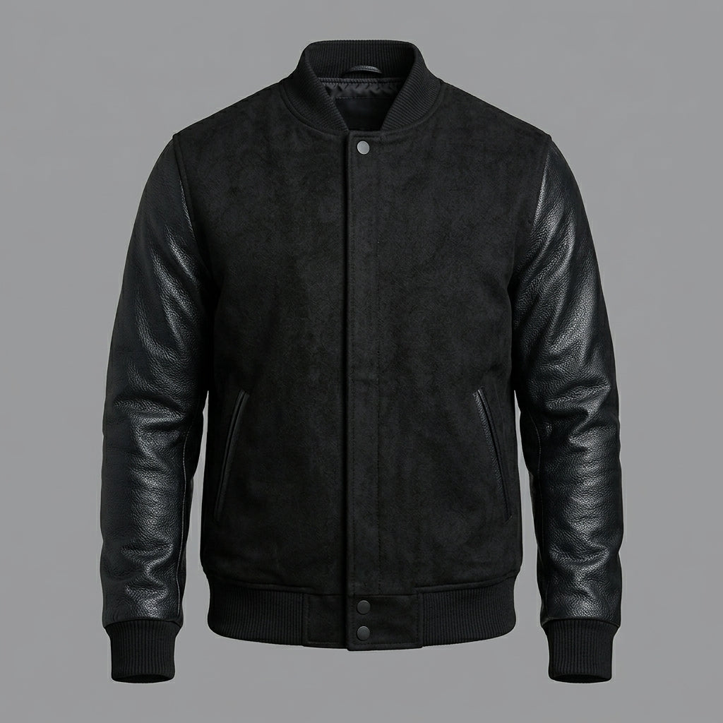 Full-Zip Black Wool & Faux Leather Varsity Letterman Jacket – Men’s Classic