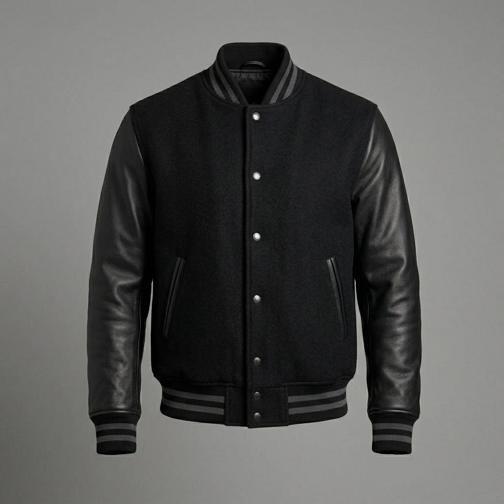 Men’s Black Leather Sleeve Varsity Jacket – Classic Letterman