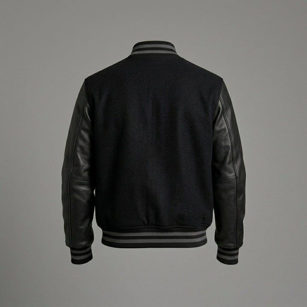 Men’s Black Leather Sleeve Varsity Jacket – Classic Letterman