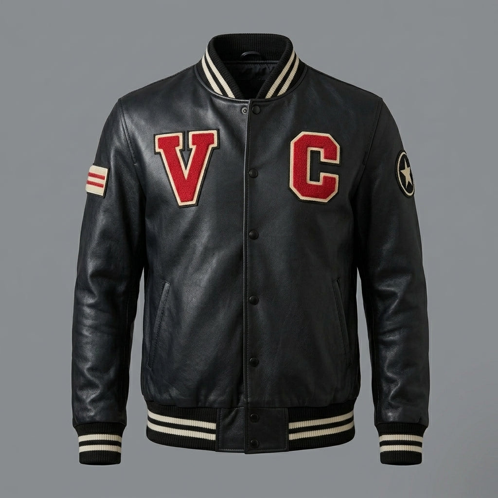 Men’s Black Leather Varsity Jacket – Personalized Letterman Bomber