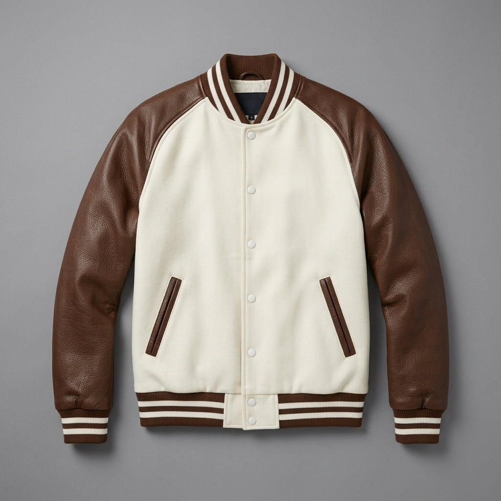 Men’s Brown & White Leather Varsity Jacket – Zipper Letterman