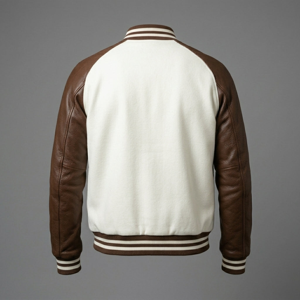 Men’s Brown & White Leather Varsity Jacket – Zipper Letterman