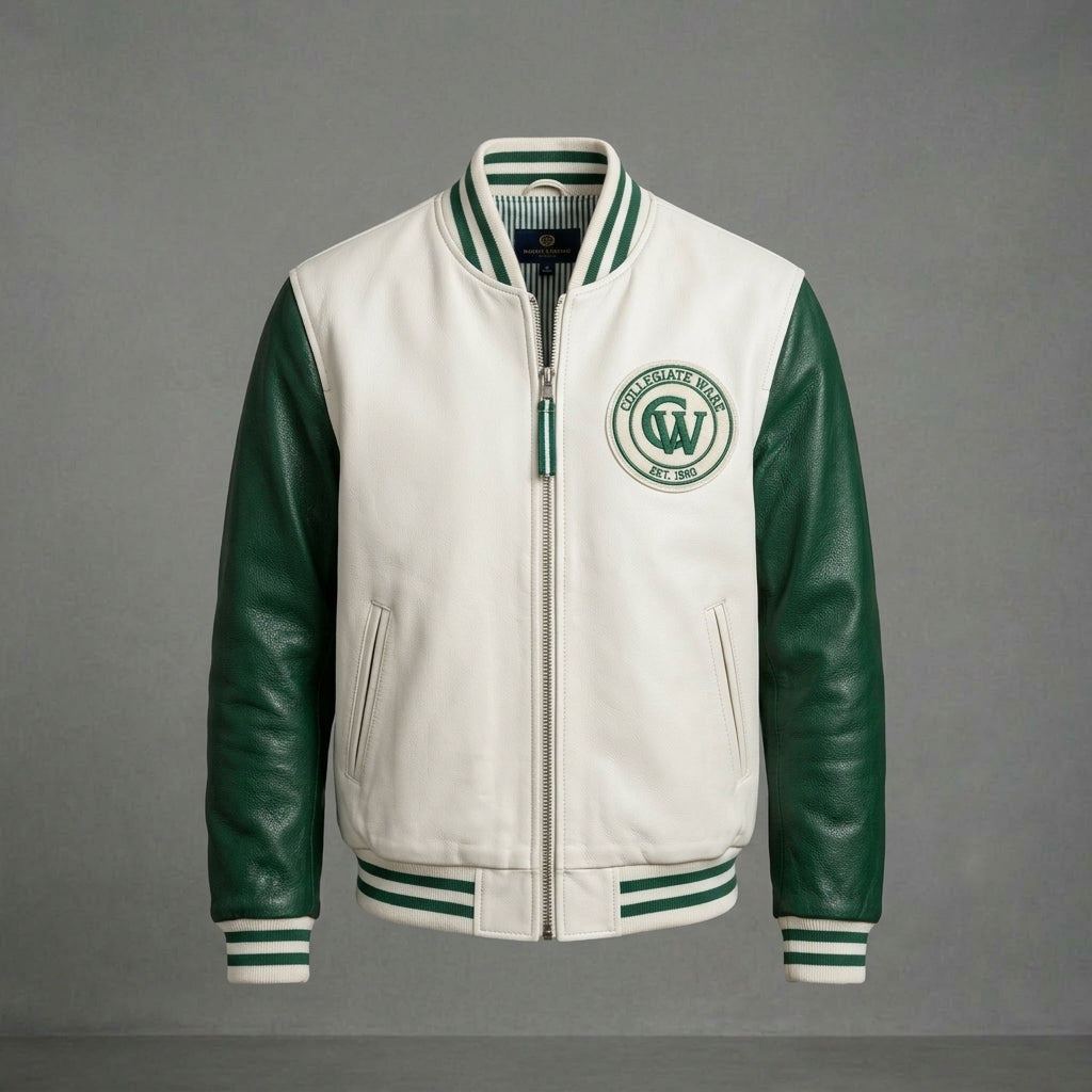 Men’s White & Green Leather Varsity Jacket – Zipper Letterman