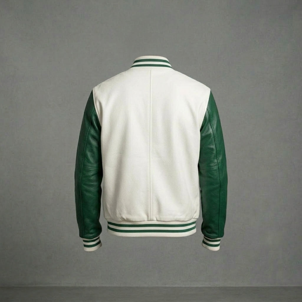 Men’s White & Green Leather Varsity Jacket – Zipper Letterman