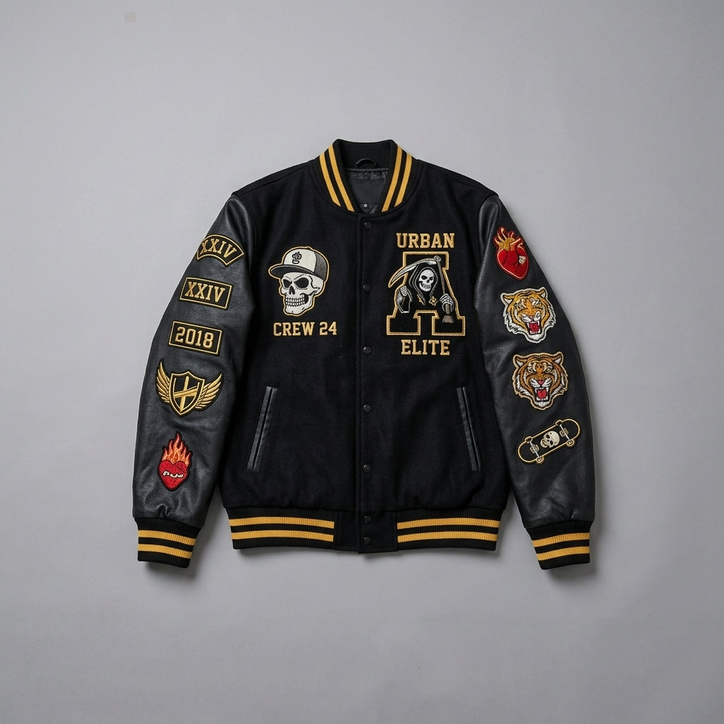 Men’s Black Varsity Jacket – Patchwork Streetwear Style