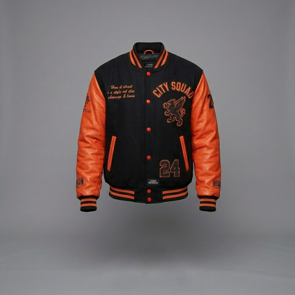 Men’s Red & Black Varsity Jacket – Patchwork Streetwear