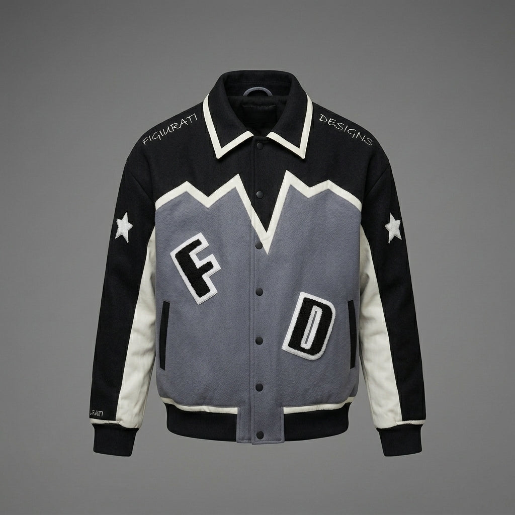 Men’s White, Grey & Black Varsity Jacket – Patchwork Streetwear