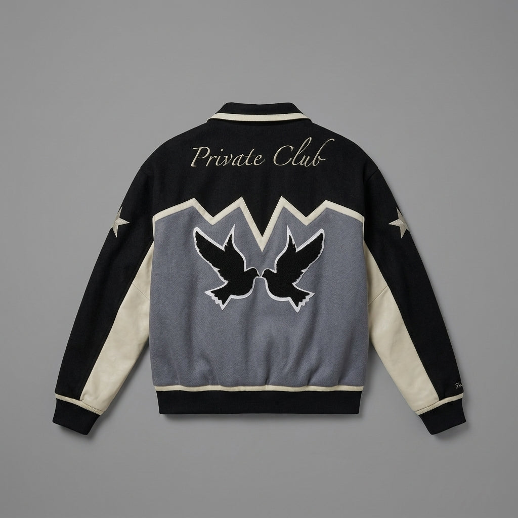 Men’s White, Grey & Black Varsity Jacket – Patchwork Streetwear