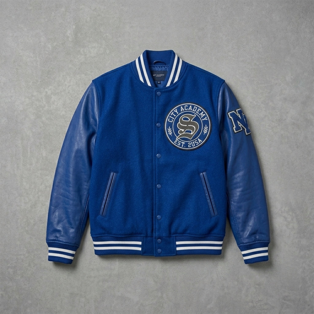 Custom Blue Leather Varsity Jacket – Streetwear Letterman Bomber