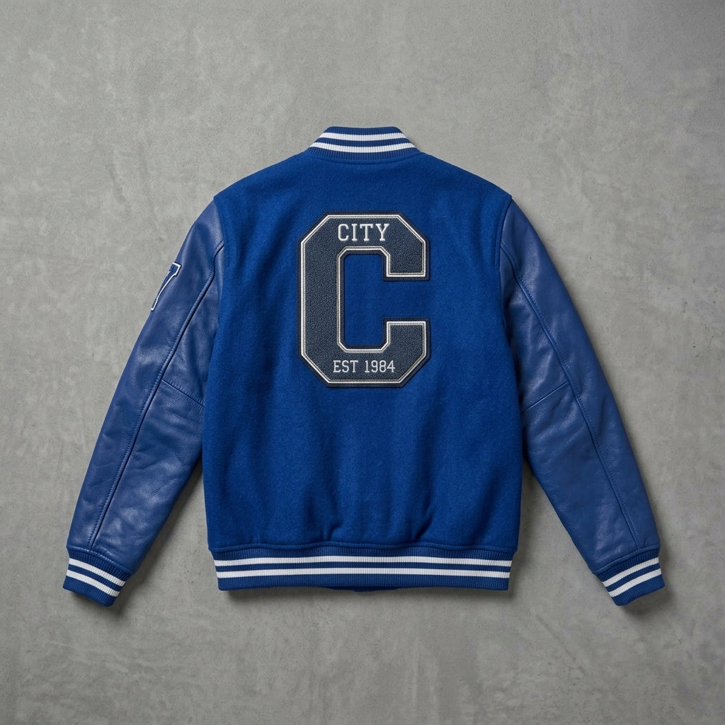 Custom Blue Leather Varsity Jacket – Streetwear Letterman Bomber