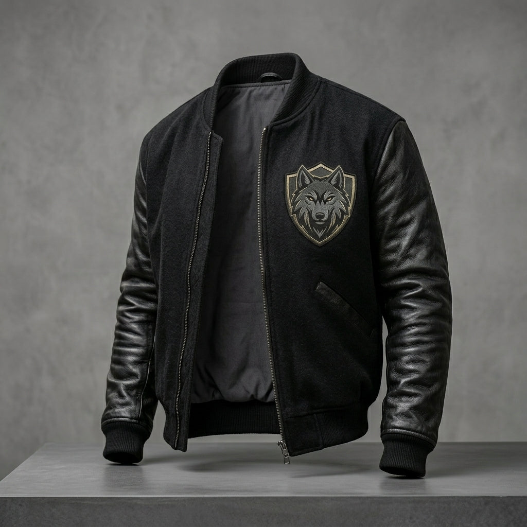 Men’s Black Patchwork Varsity Jacket – Streetwear Letterman