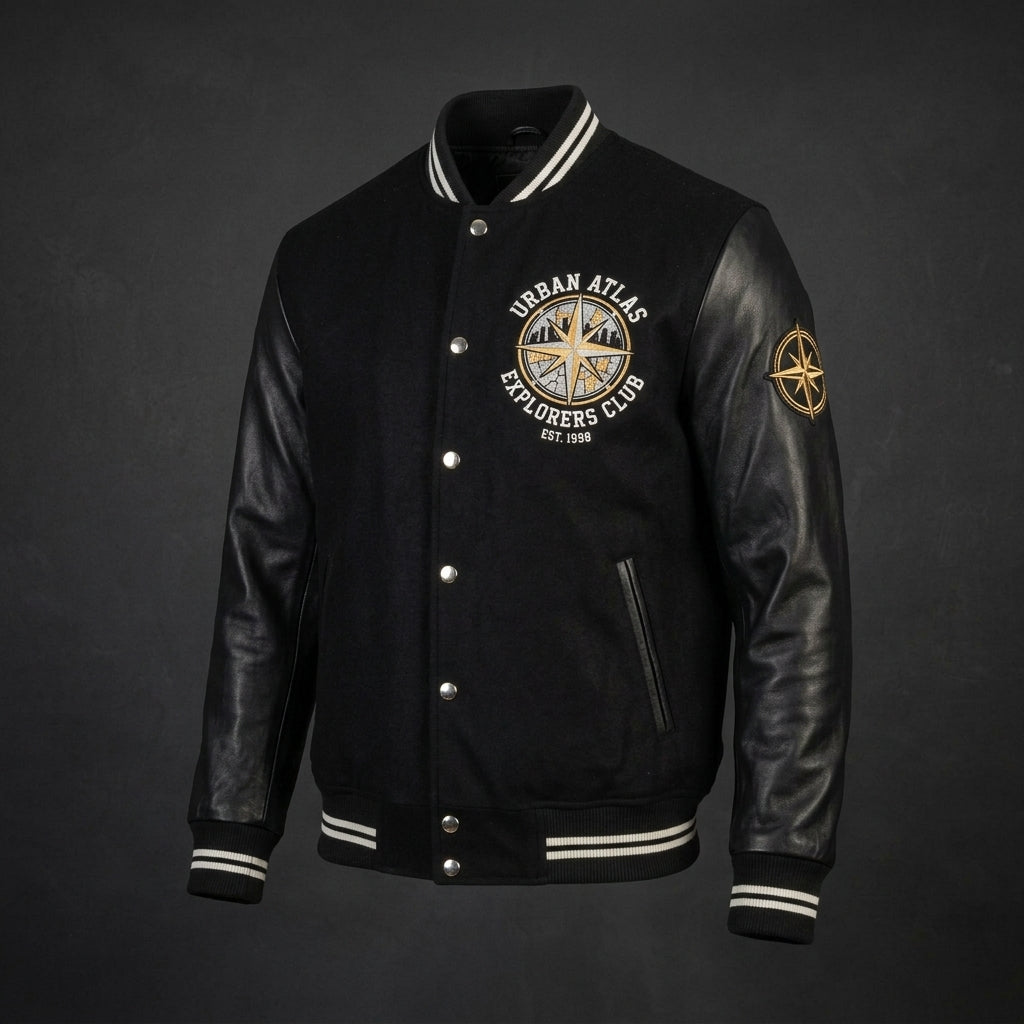 Men’s Black Striped Hybrid Varsity Jacket – Streetwear Letterman