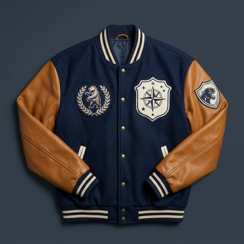 Men’s Navy Oversized Varsity Jacket – Embroidered Wool Letterman with Contrast Sleeves