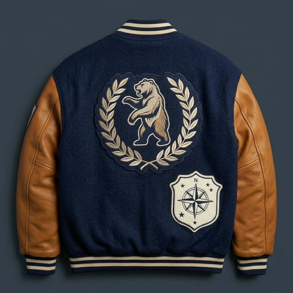 Men’s Navy Oversized Varsity Jacket – Embroidered Wool Letterman with Contrast Sleeves
