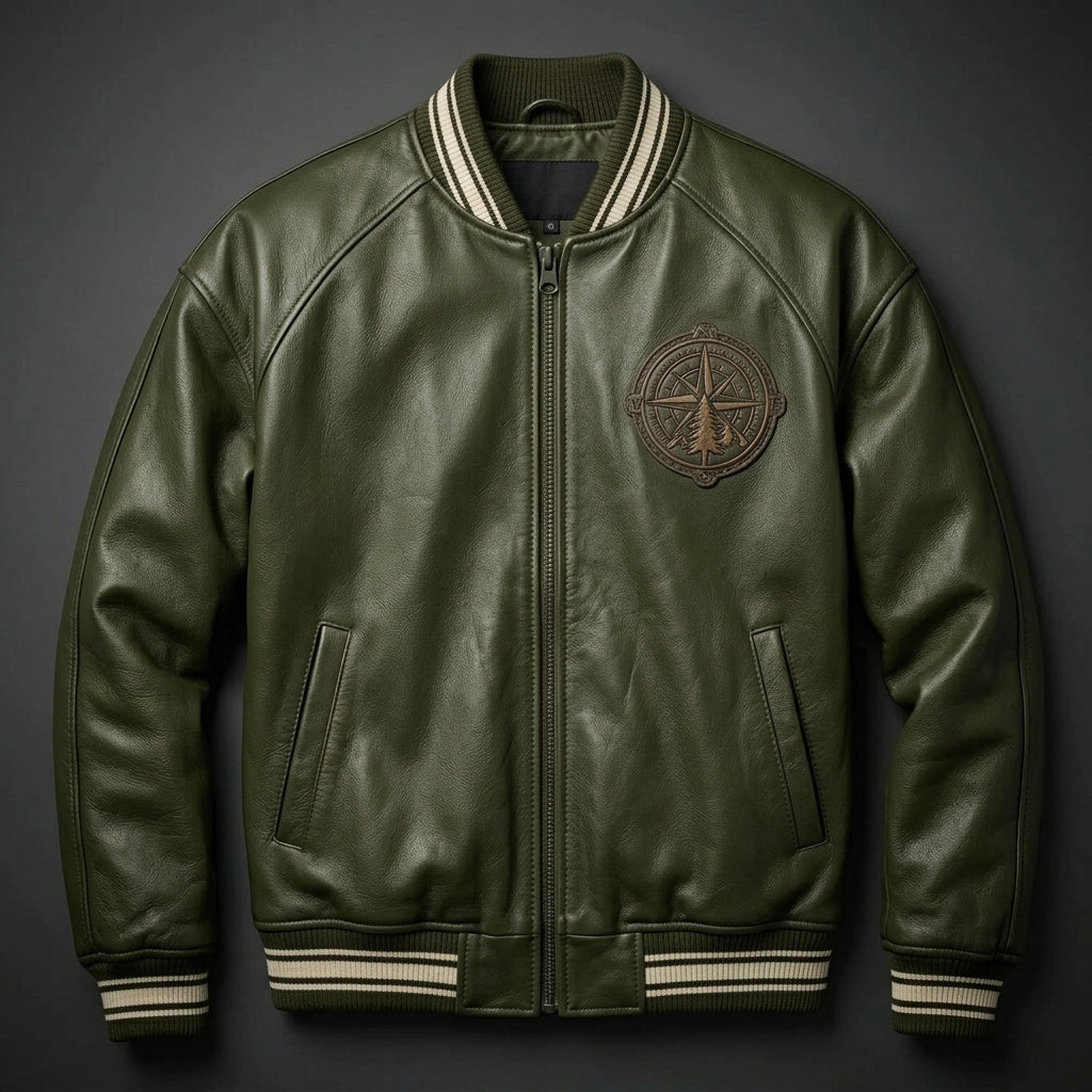 Men’s Green Leather Varsity Jacket – Oversized Logo Letterman Bomber