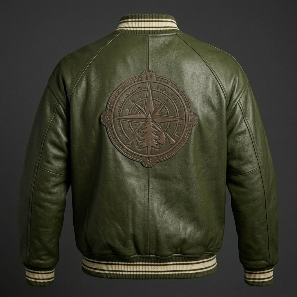 Men’s Green Leather Varsity Jacket – Oversized Logo Letterman Bomber