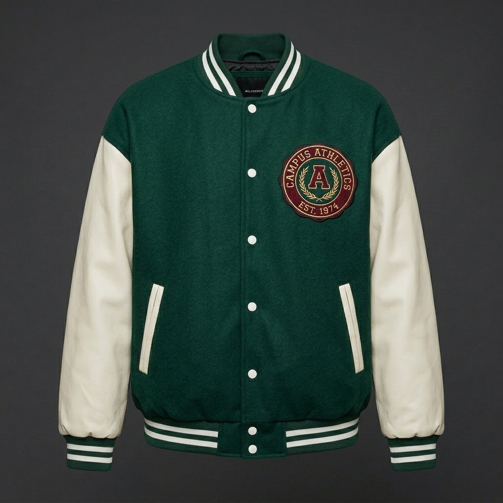 Men’s Embroidered Oversized Varsity Jacket – Letterman with Cream Sleeves