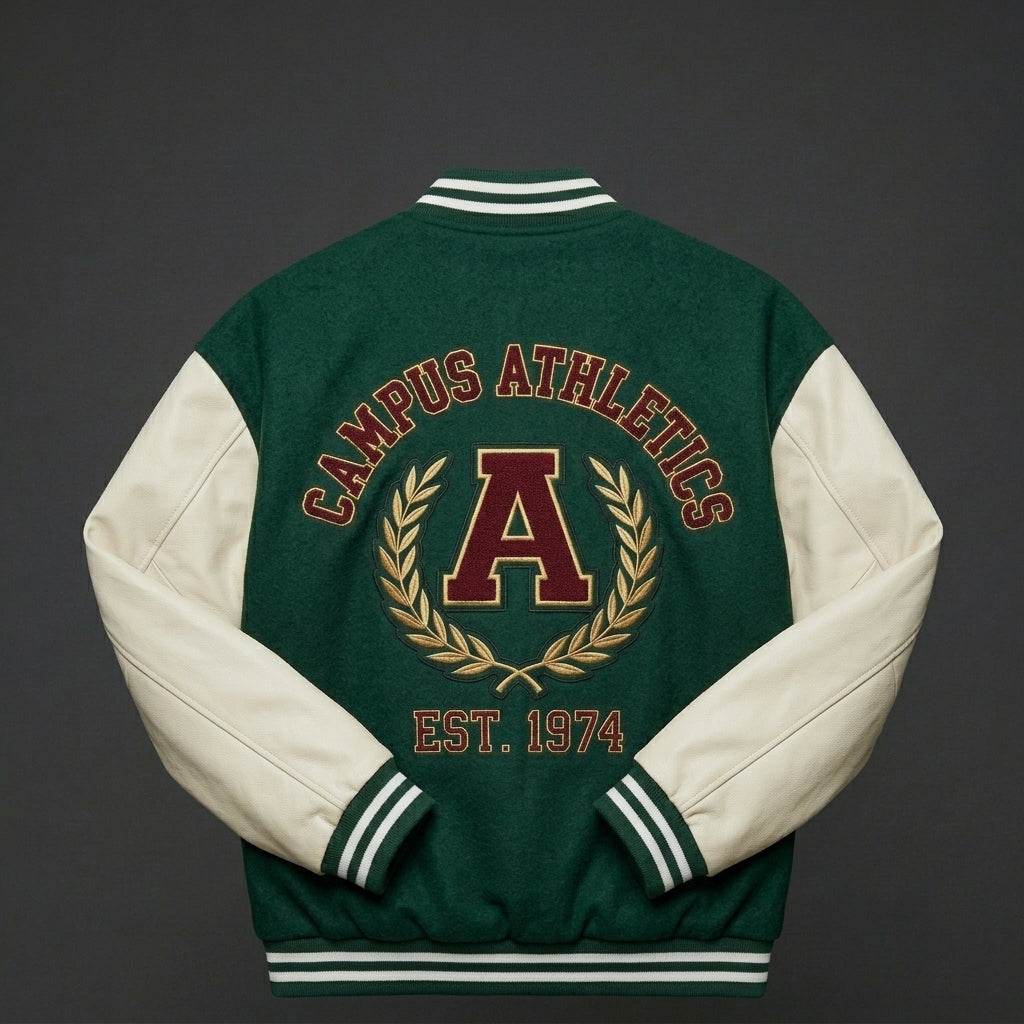 Men’s Embroidered Oversized Varsity Jacket – Letterman with Cream Sleeves