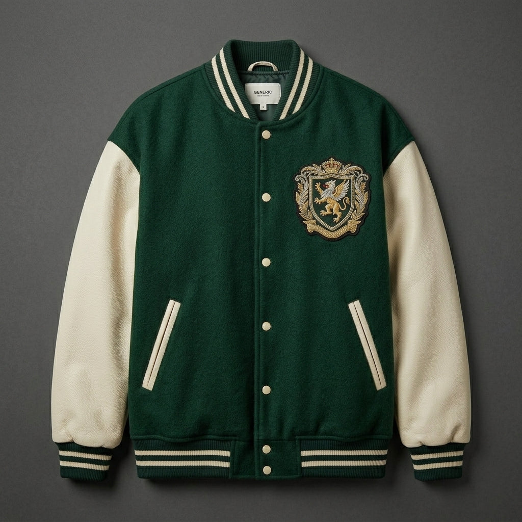 Custom Wool Blend Varsity Jacket – Oversized Fit Leather Sleeve Letterman Style