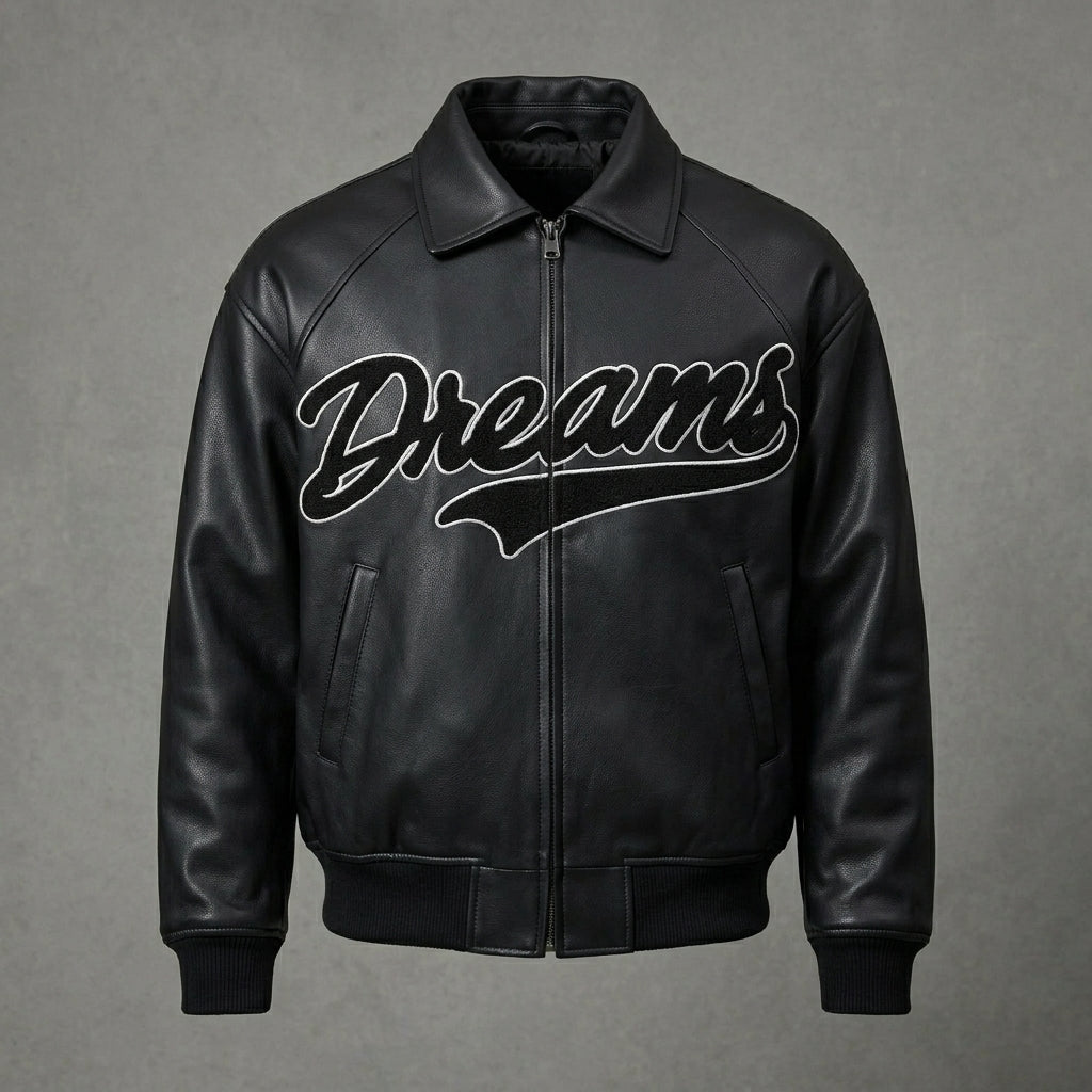 Men’s Black Leather Varsity Jacket – Oversized Embroidered Logo Letterman