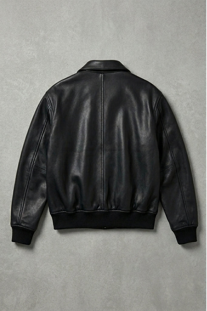 Men’s Black Leather Varsity Jacket – Oversized Embroidered Logo Letterman
