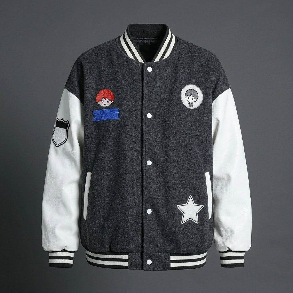 Men’s Grey & White Oversized Varsity Jacket – Embroidered Letterman Style