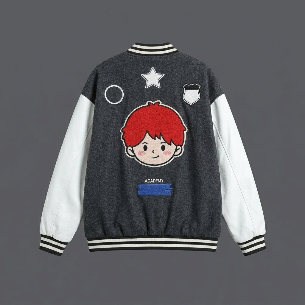 Men’s Grey & White Oversized Varsity Jacket – Embroidered Letterman Style