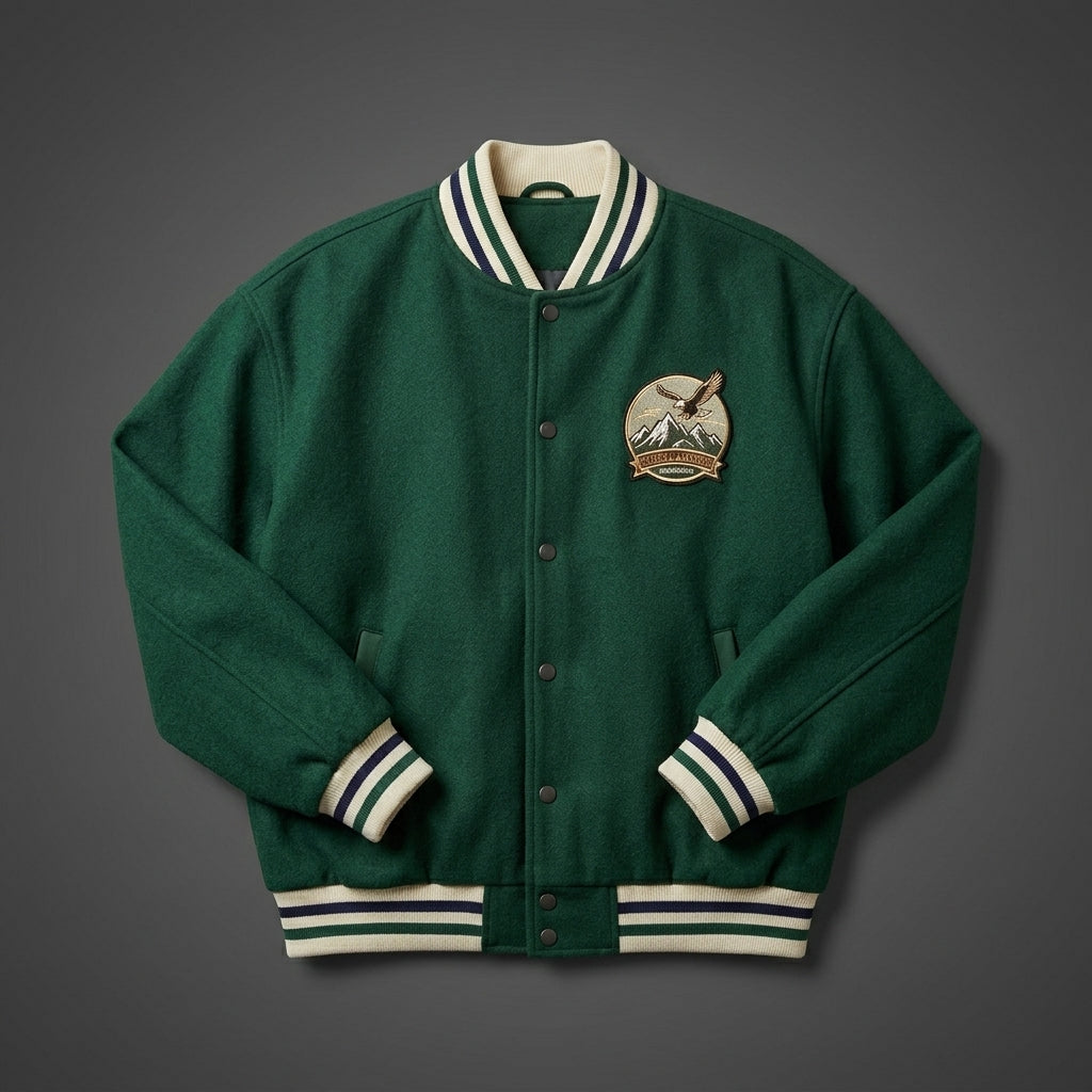 Men’s Green Wool Varsity Jacket – Classic Letterman Bomber Style