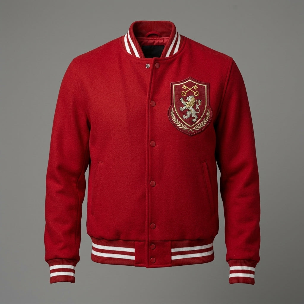 Men’s Red Wool Letterman Jacket – Classic Varsity Bomber Style