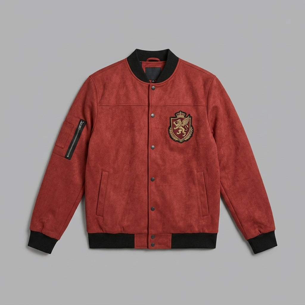 Men’s Red Casual Varsity Jacket – Button Down Long Sleeve Letterman Style