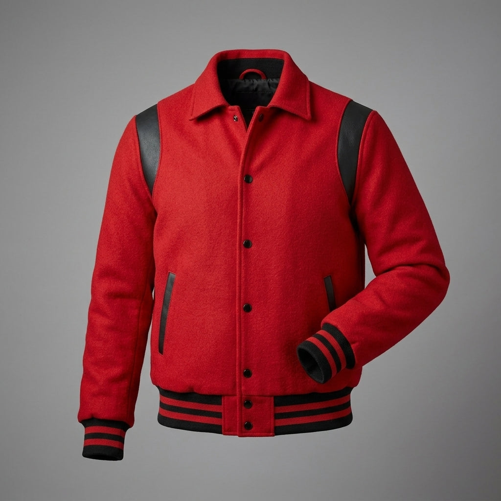 Men’s Red Wool Varsity Jacket – Classic Bomber Letterman Style