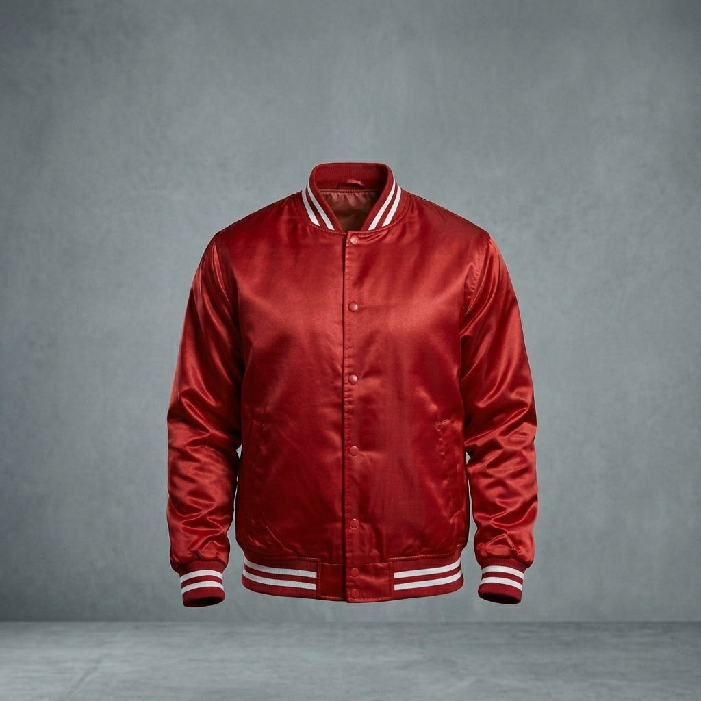 Men’s Premium Red Satin Varsity Jacket – Classic Letterman Bomber Style