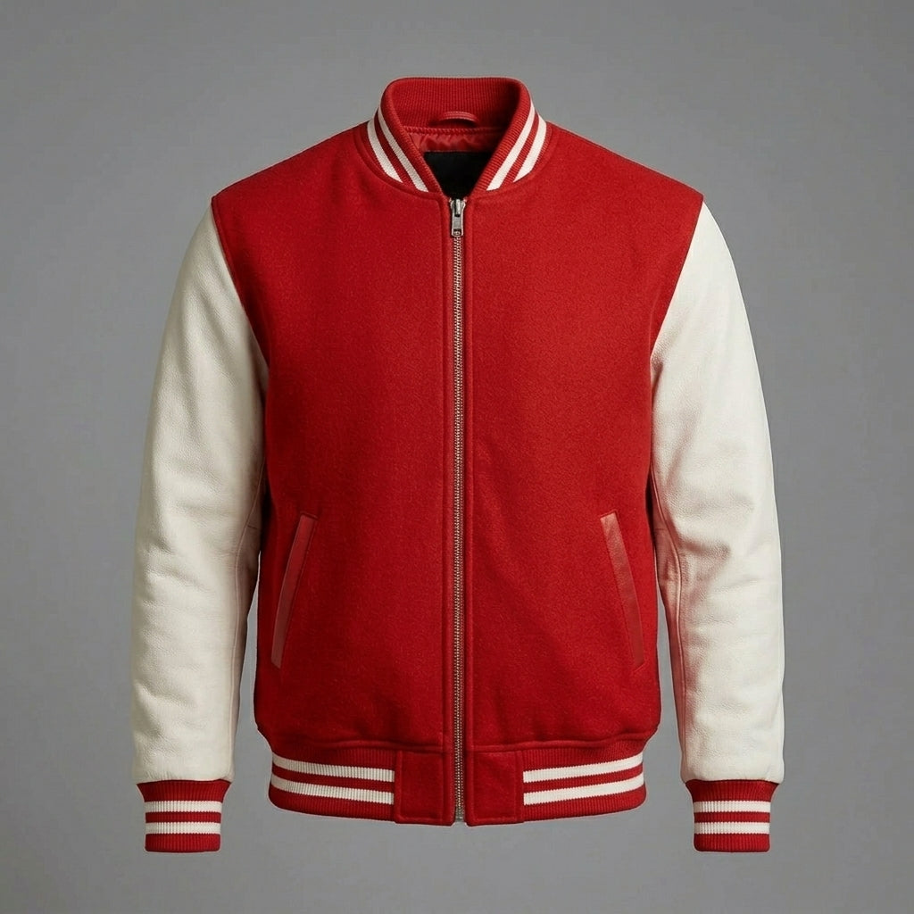 Men’s Red Varsity Letterman Jacket – Embroidered Wool Body with Leather Sleeves