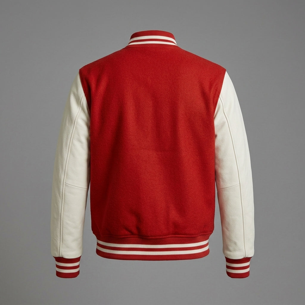 Men’s Red Varsity Letterman Jacket – Embroidered Wool Body with Leather Sleeves
