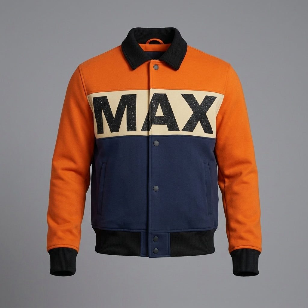 Men’s Navy Blue & Orange Varsity Jacket – Retro MAX Logo Leather Style