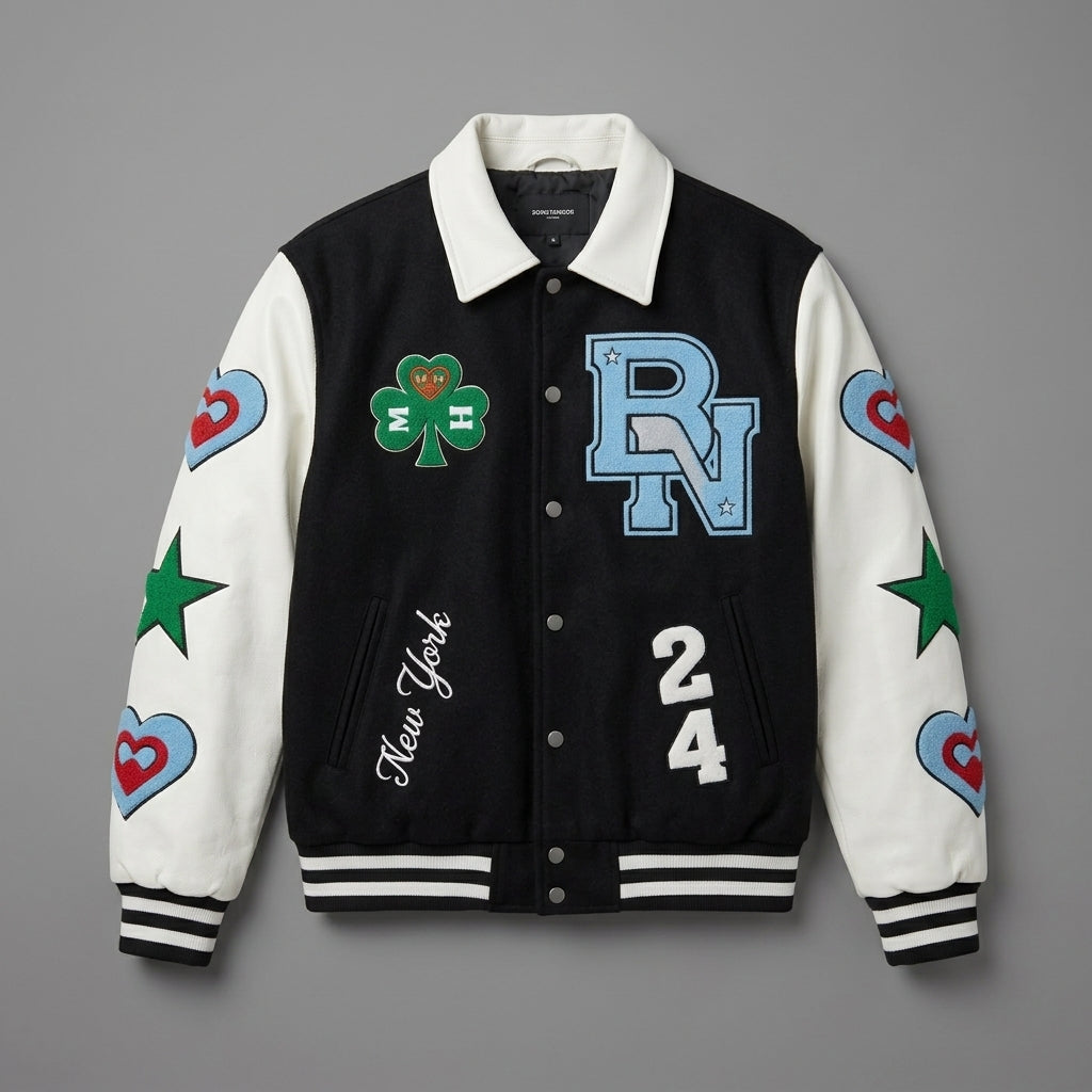 Men’s Black & White Varsity Jacket – Retro Patchwork Leather Style
