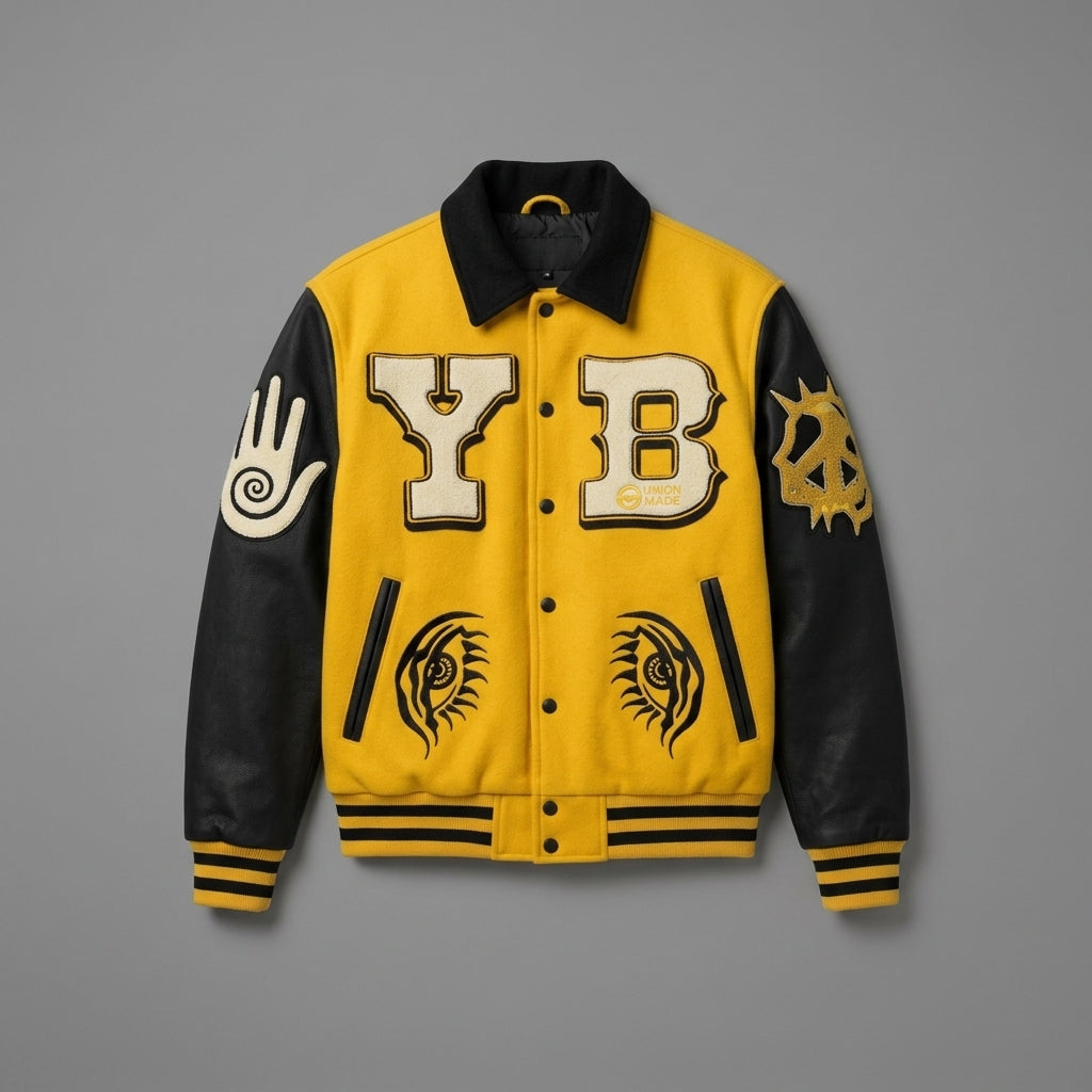 Men’s Yellow & Black Varsity Jacket – Retro Patchwork Leather Letterman